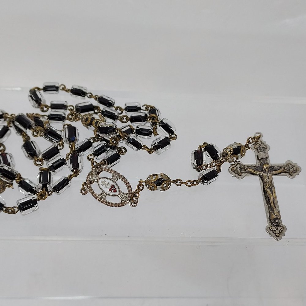Vintage Black and white glass bead Rosary in original box by DTC